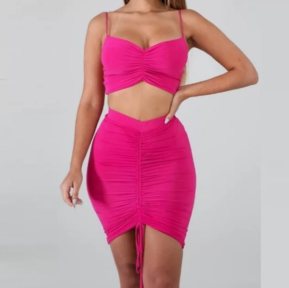 Hot Pink Two Piece Ruched Skirt Set - Picture 1 of 6